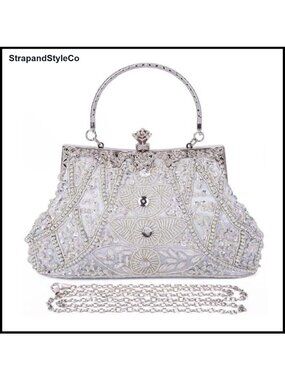 1920s Vintage Beaded Sequined Rhinestone Evening Clutch with Chain